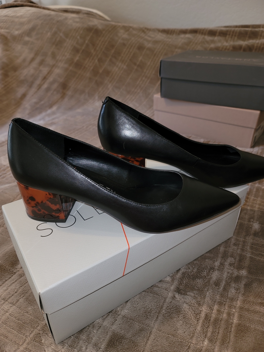 Sole Society Black Pointed Pumps with Tortoiseshell Block Heel